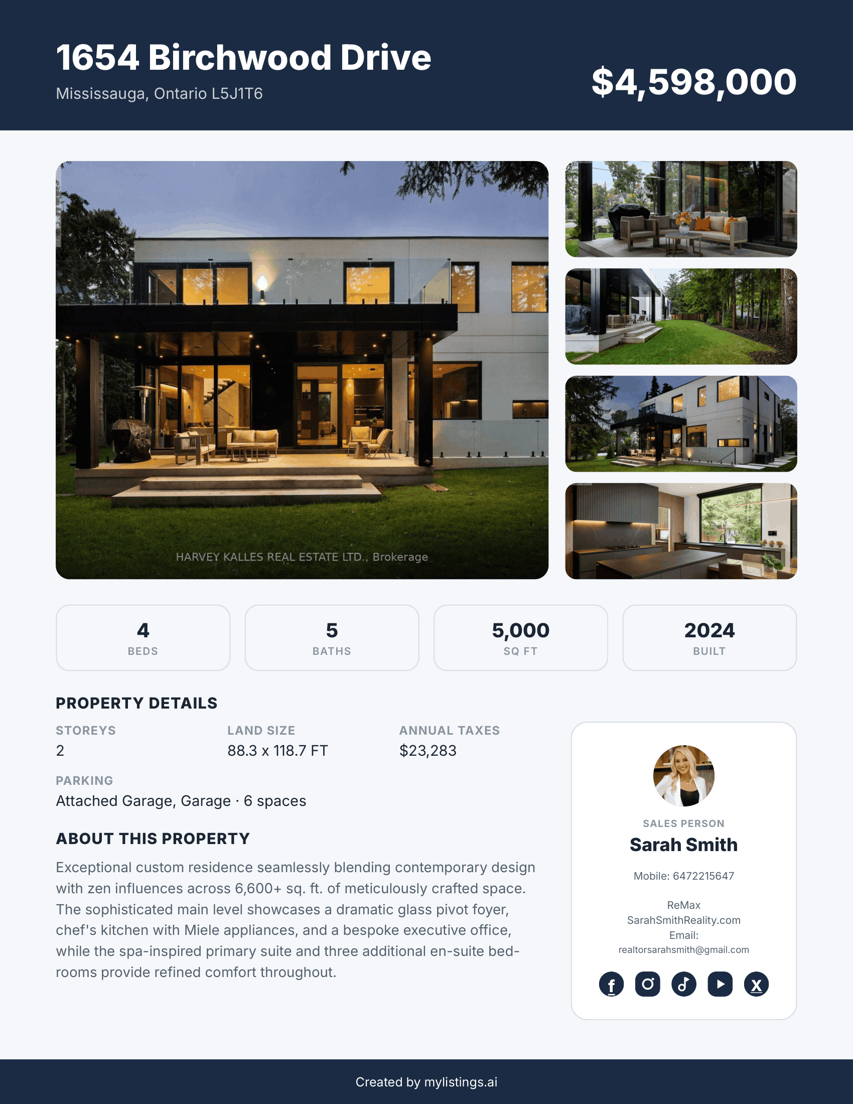 Sample MyListings AI property PDF page showing address, price, photos, and details