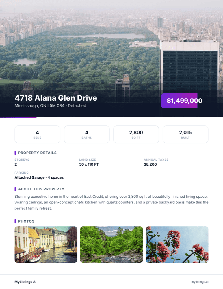 Sample MyListings AI property PDF page showing address, price, photos, and details